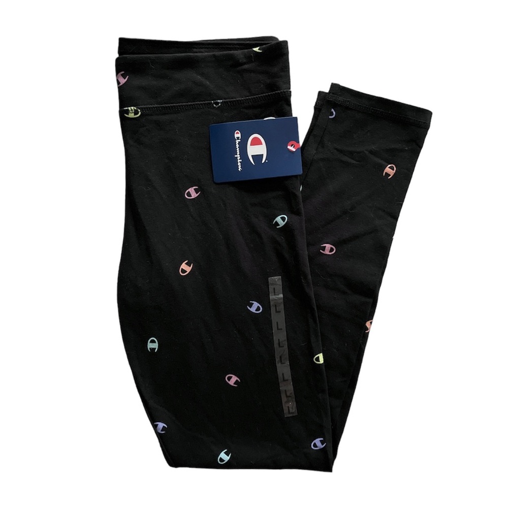 NWT CHAMPION girls black high waist leggings multicolor logo LARGE new with tags